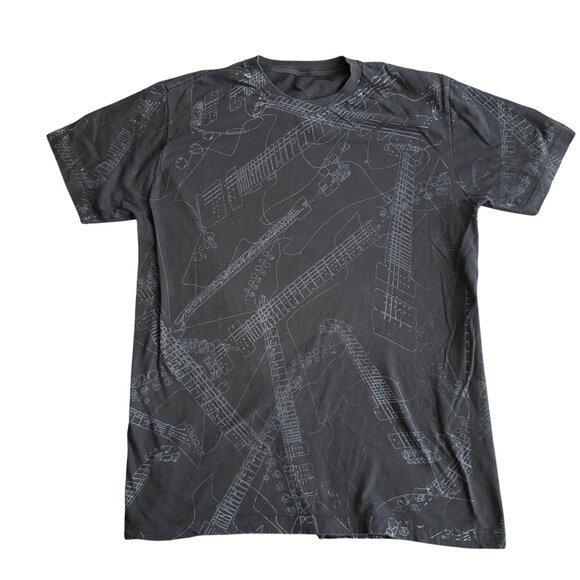 Utility Black Graphic T-Shirt With Guitar Print Design Unisex Size M 100% Cotton - Picture 2 of 3